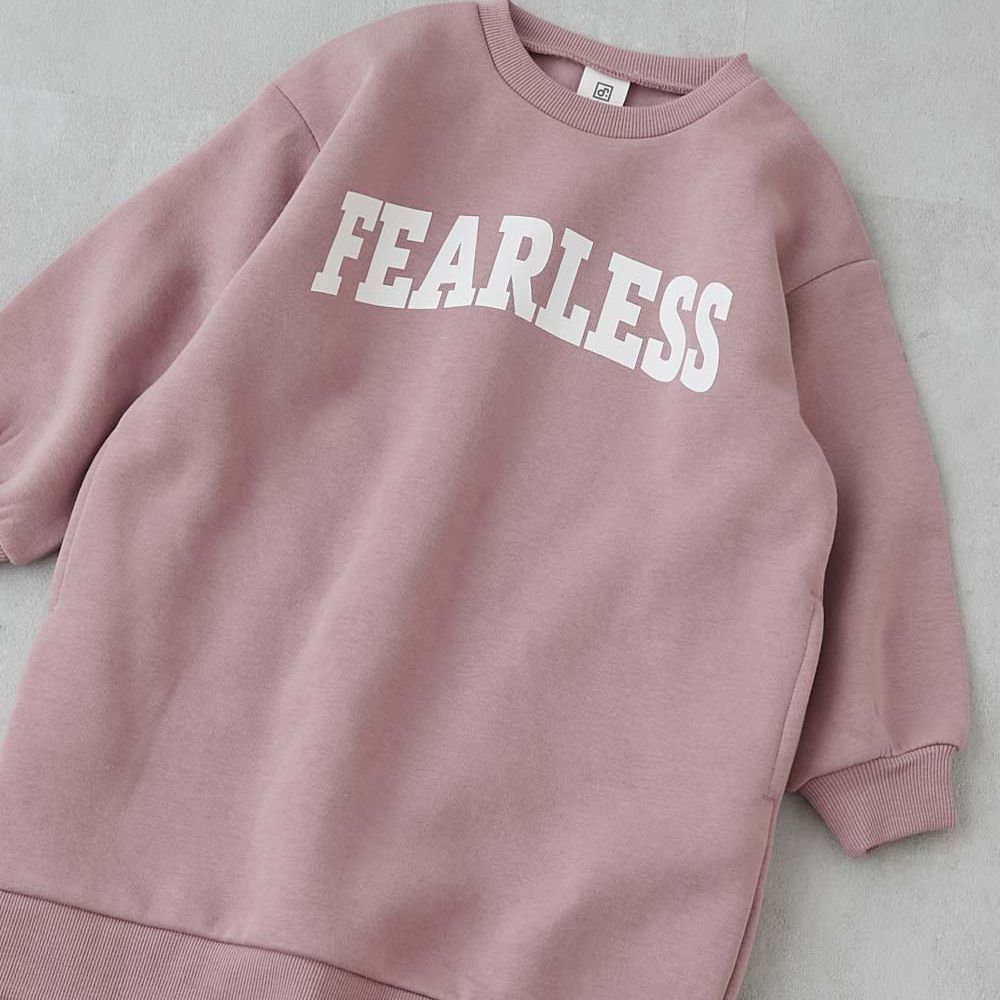 裏起毛落肩印花長袖洋裝-英文logo-煙燻粉