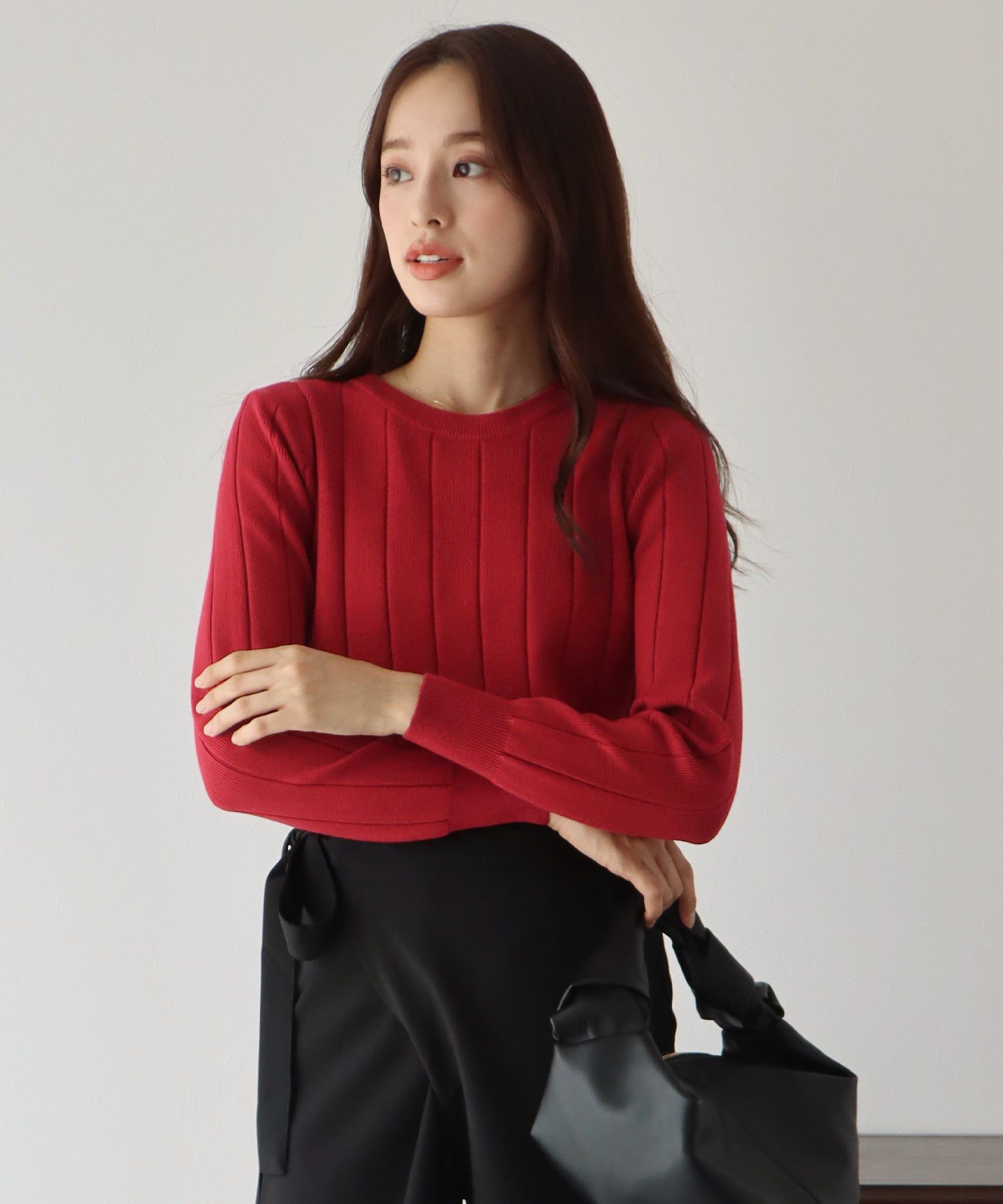 日本 BLUE EAST - 圓領粗羅紋針織上衣-紅