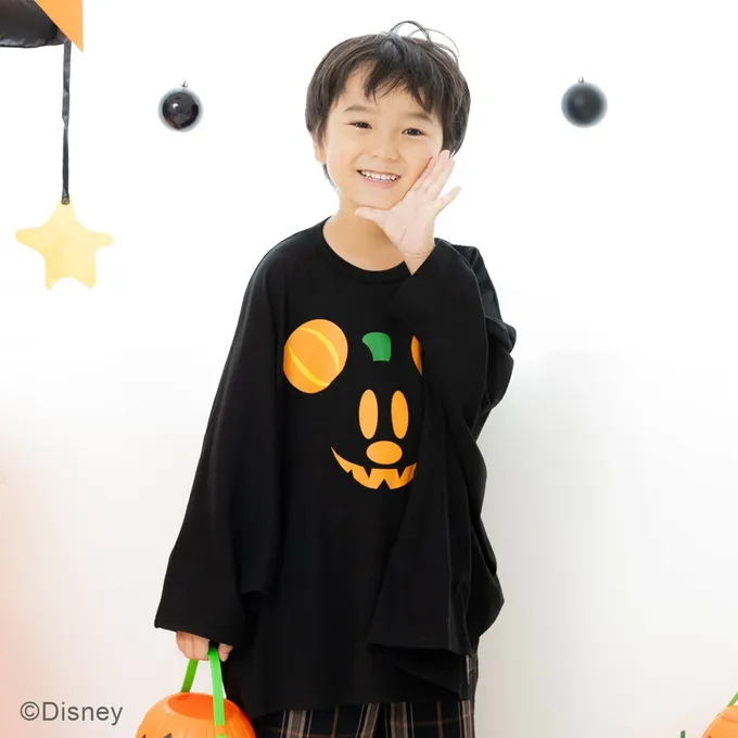 日本 Chil2 - 萬聖節聯名限定 寬鬆斗篷長袖上衣-卡通人物南瓜米奇-黑