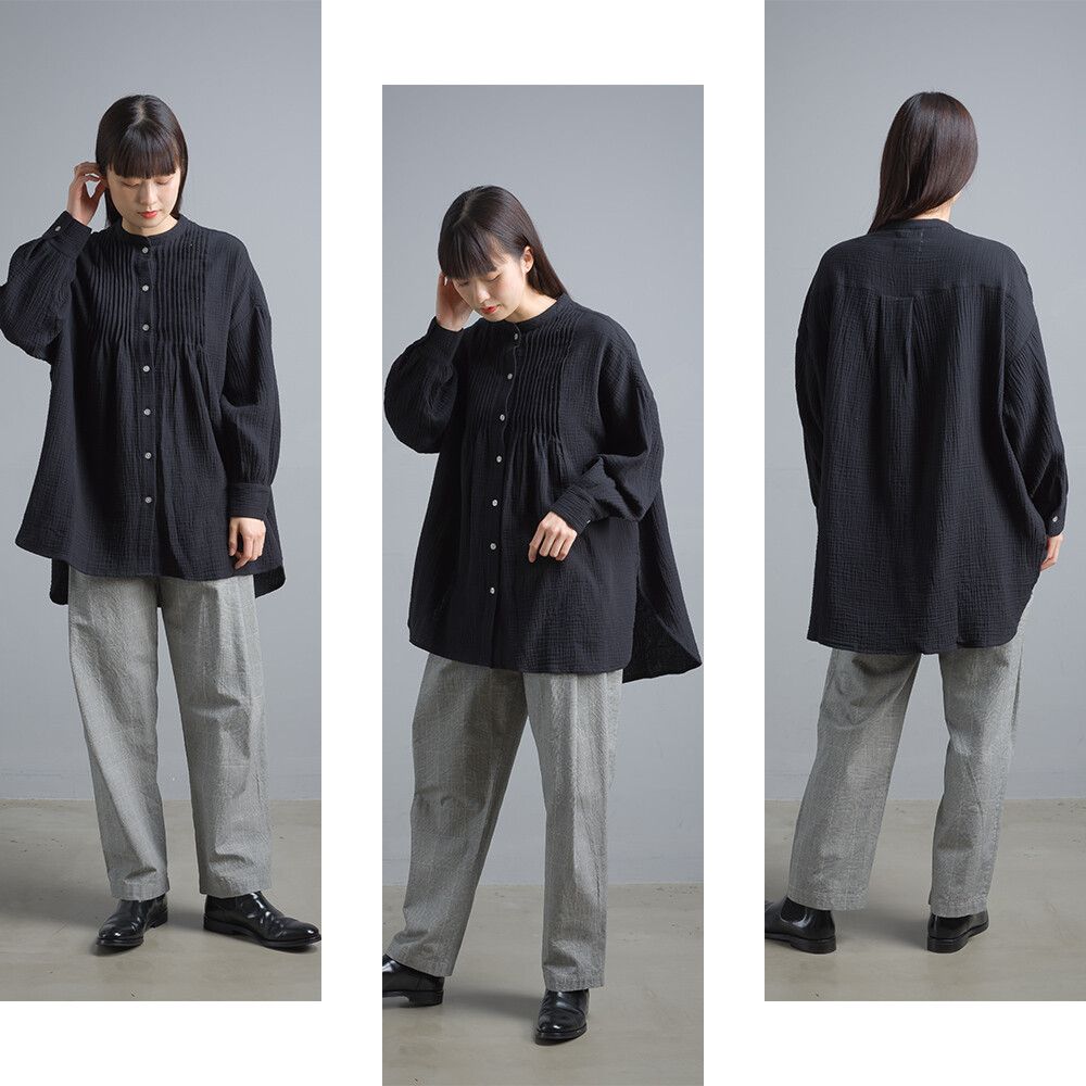 日本女裝代購 - 二重紗純棉風琴褶長袖上衣-黑