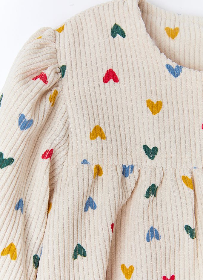 韓國 OZKIZ - (附包包)多彩愛心燈芯絨溫暖洋裝-米