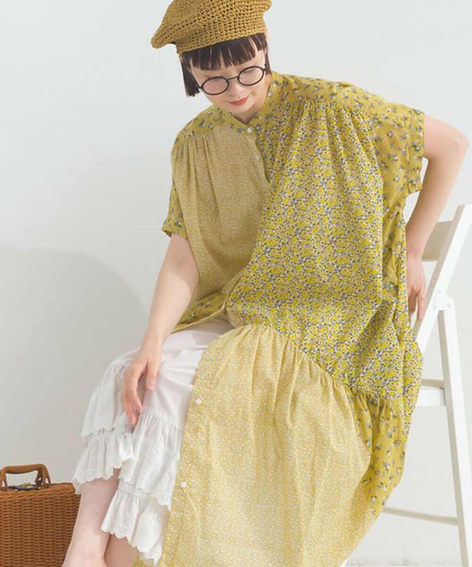 日本 Lupilien - 純棉巴里紗花朵拼布襯衫式洋裝-藍白