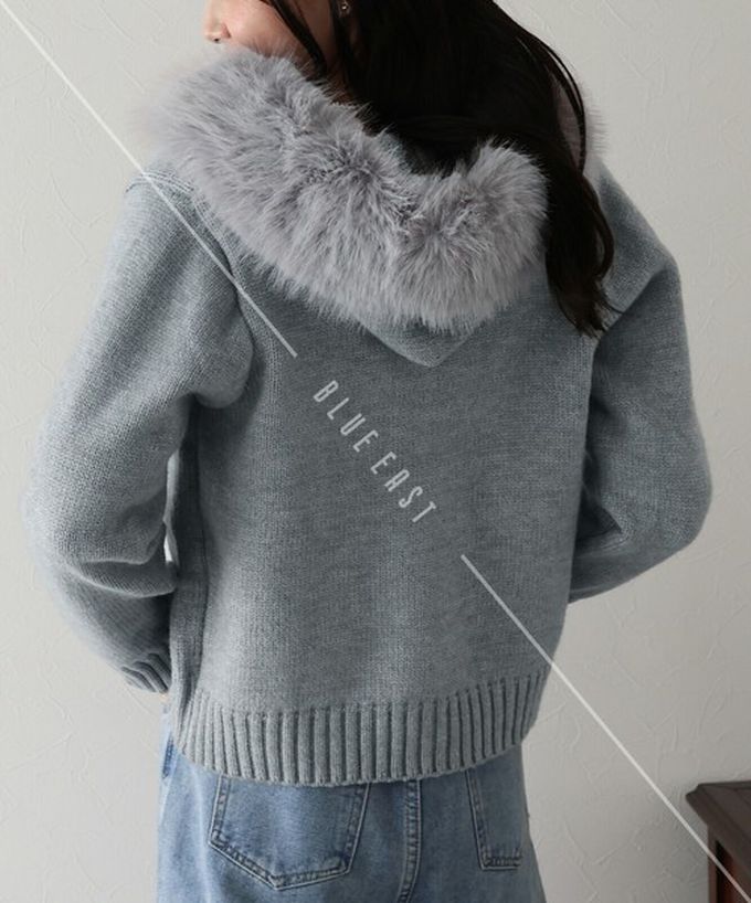 日本 BLUE EAST - 澎澎可愛毛絨帽雙拉鍊針織外套-黑