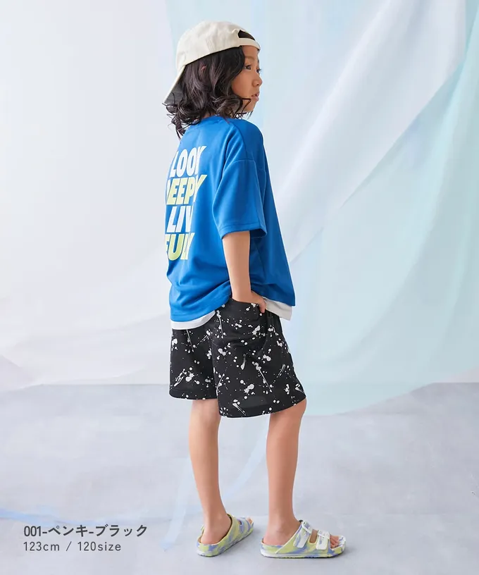 日本 devirock - 涼感速乾網眼 印花彈性短褲-潑墨-黑