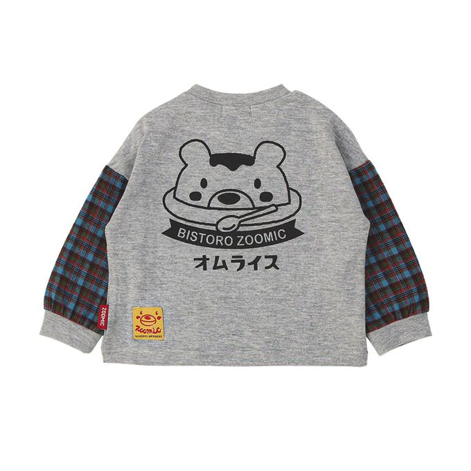 日本 ZOOLAND - 美味印花格紋拼接長袖上衣-卡其