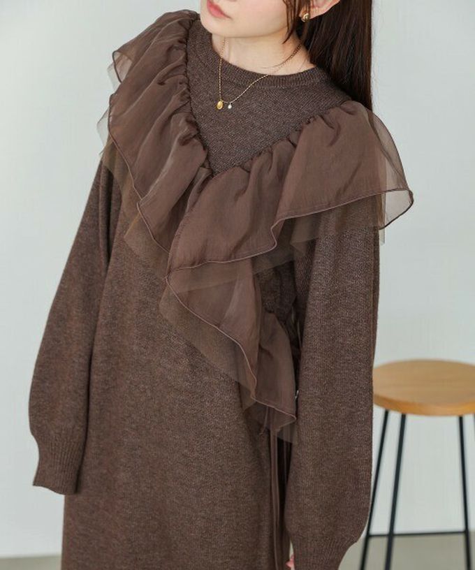 日本 Bab - 交叉薄紗荷葉柔美針織長袖洋裝-咖啡