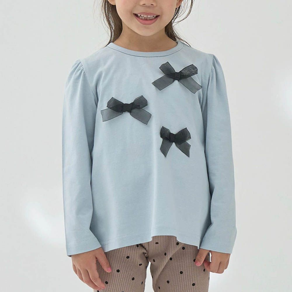 100%棉 夢幻蝴蝶結長袖上衣-水藍