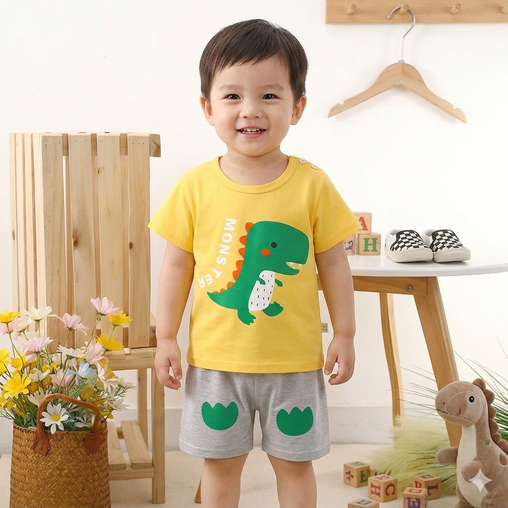 純棉透氣短袖短褲家居服套裝-呆萌恐龍