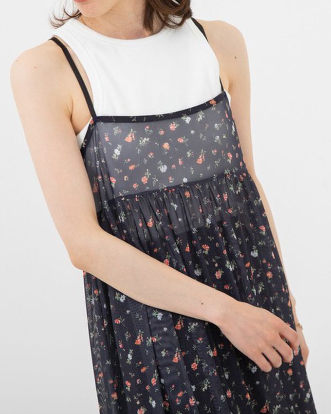 日本 gleam - 前後2way浪漫小花細肩帶薄紗洋裝-水藍