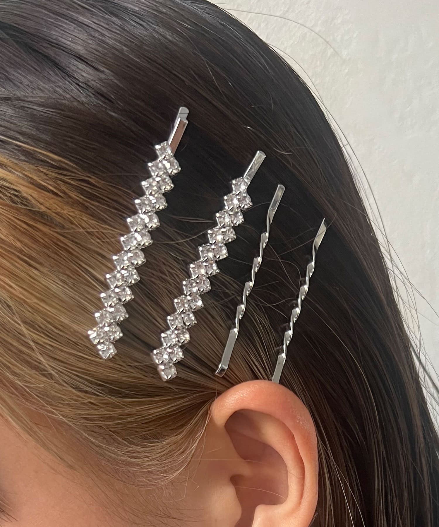 日本 Lattice - 造型搭配髮夾4件組-水鑽排列-銀色系