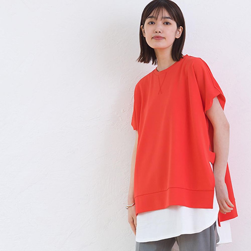 日本 OMNES - 前短後長無袖上衣 X 短袖側開衩長版上衣兩件組-橘紅