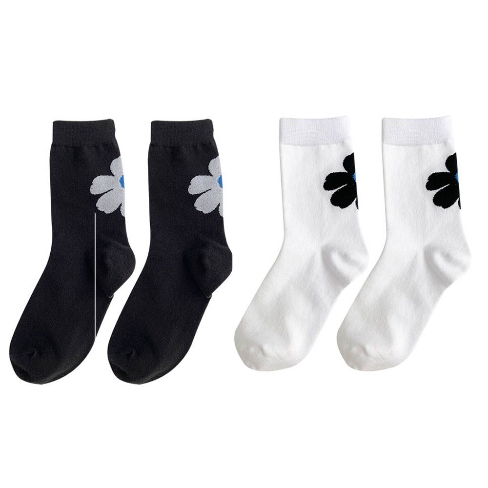 韓製彈力好穿中筒襪-大花印 (Free[230~260mm])-黑,白各1雙