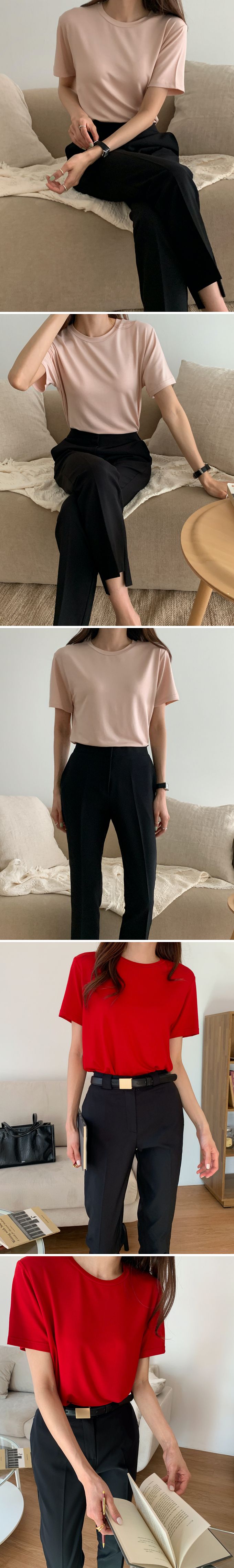 韓國女裝連線 - 正韓製彈性素色短袖上衣-杏 (FREE)