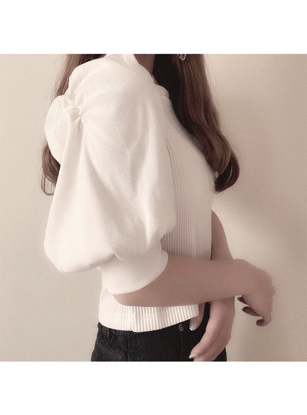 日本 GRL - 美麗女孩後緞帶澎澎袖上衣-煙燻藍