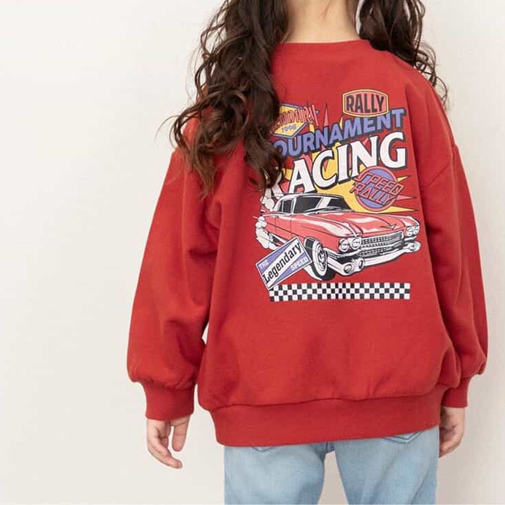 美式印花純棉裏毛長袖上衣-老爺車-紅