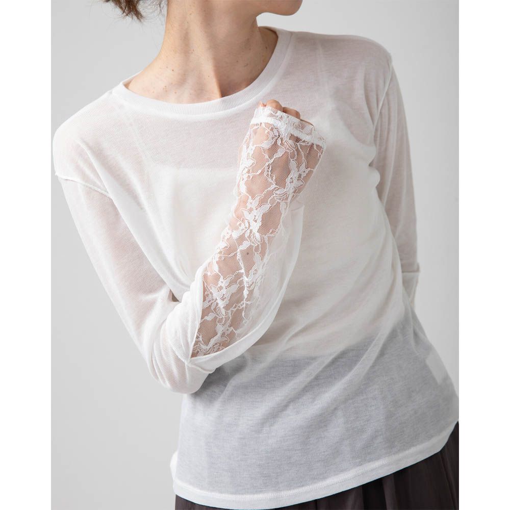 薄透合身蕾絲拼接長袖上衣-白