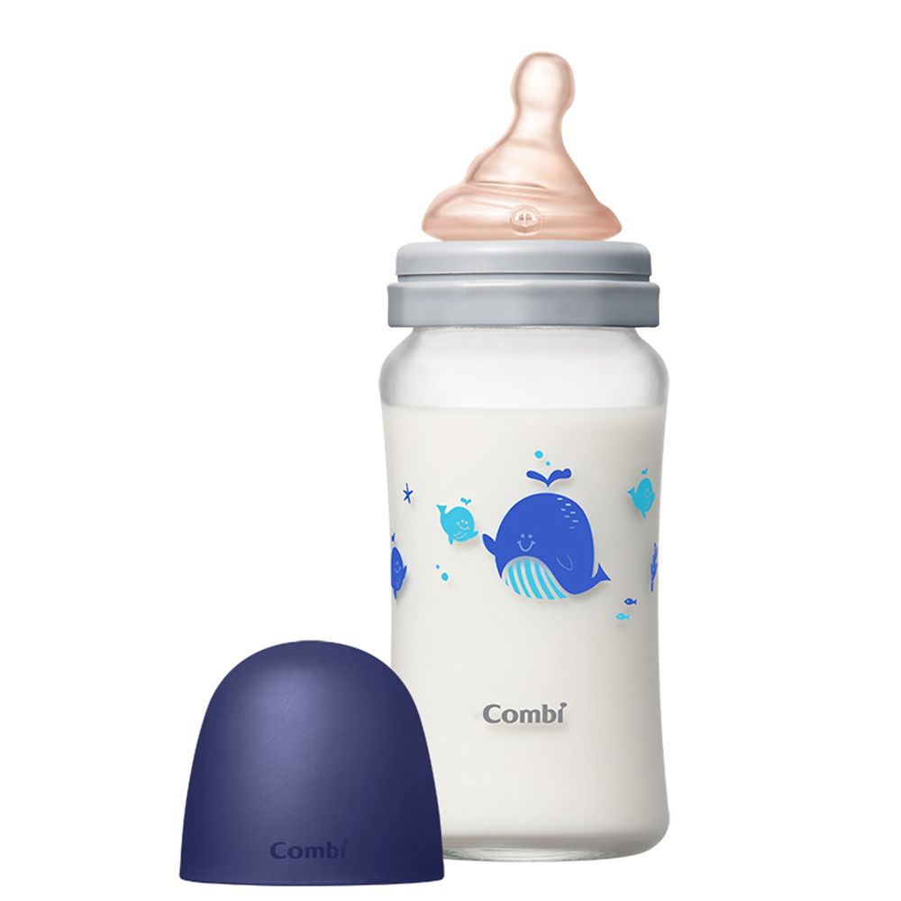 日本 Combi - 真實含乳寬口奶瓶-玻璃-藍 ((2-3m+))-240ml