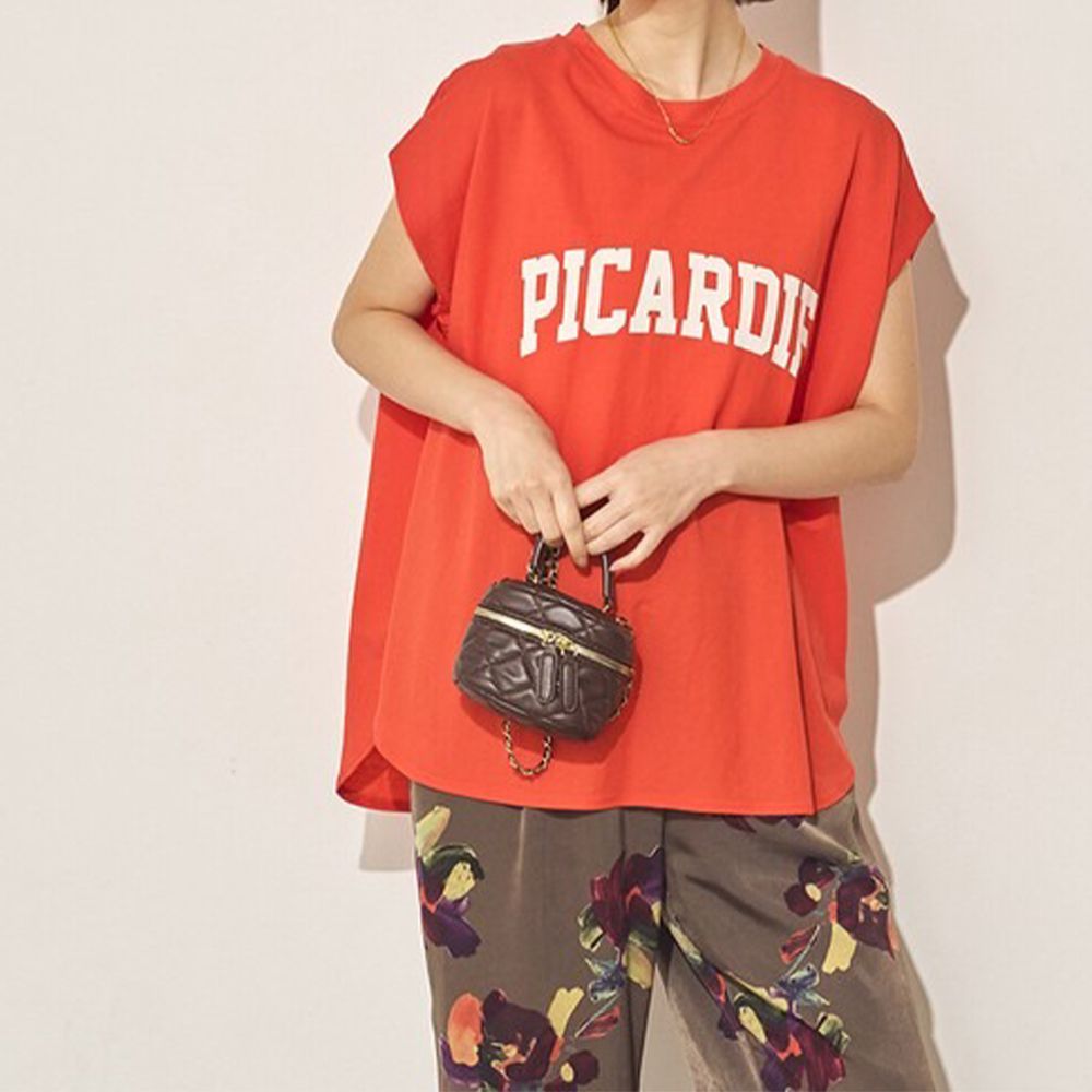 接觸涼感 簡約標語法式袖上衣-橘