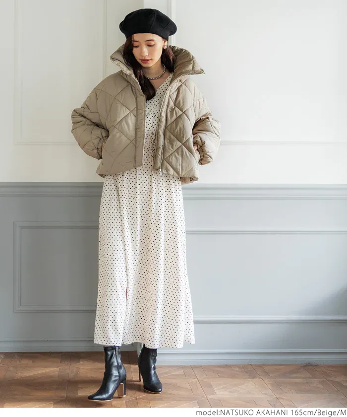 日本 COCA - 菱紋衍縫翻領鋪棉短版外套-氣質米