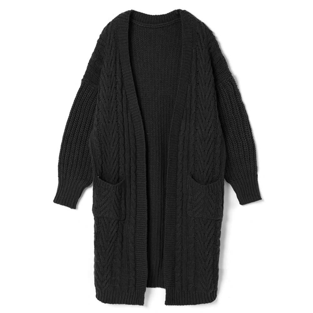 日本 GRL - 開襟麻花長版針織外套-黑