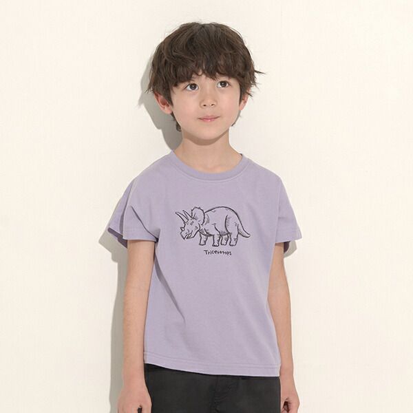 日本 b-ROOM - 100％棉 恐龍印花短袖上衣-劍龍-可可棕