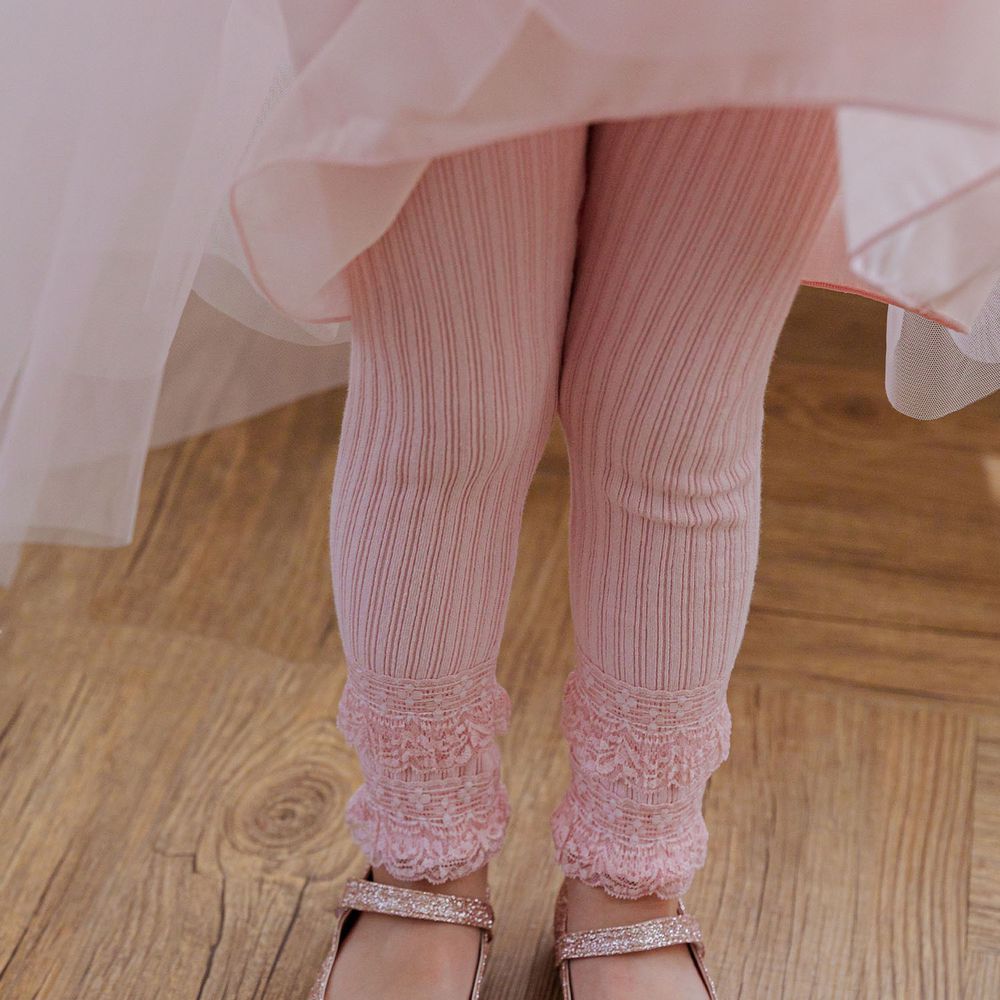 韓國 Mari an u - 雙層蕾絲褲管針織羅紋內搭褲-粉紅