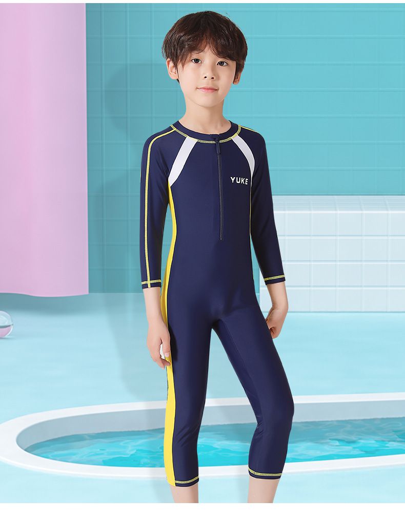 運動風女寶短袖連身泳裝-獨角獸-深藍色