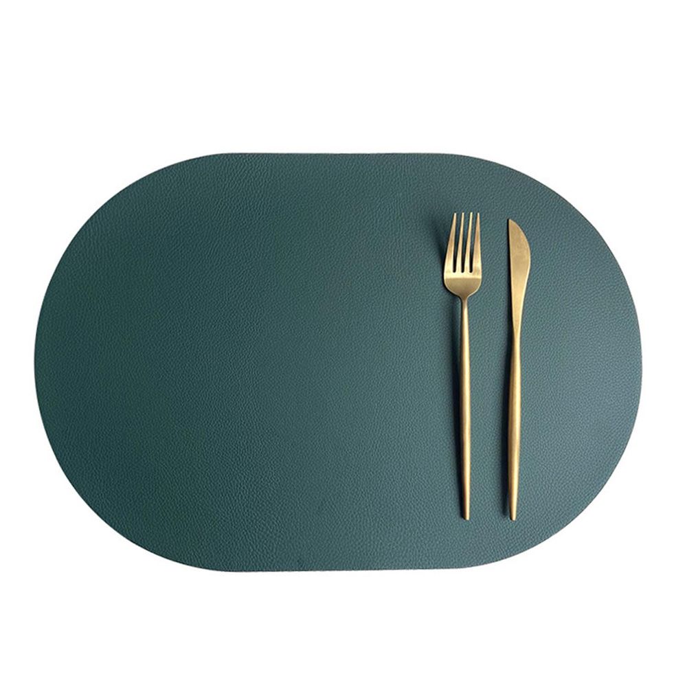 仿皮革橢圓形餐墊-雙色款-綠X米 (43.5cm*30cm)