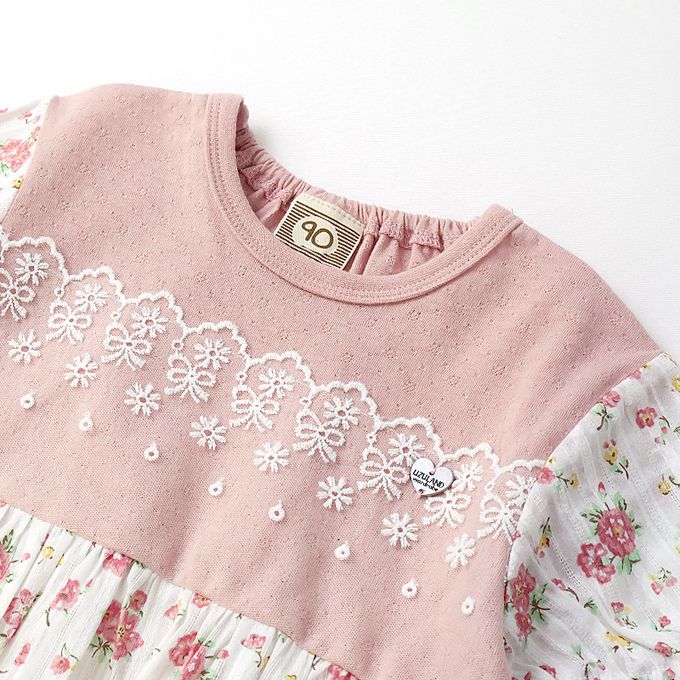 日本 ZOOLAND - 甜美花卉胸前蕾絲短袖洋裝-粉紅