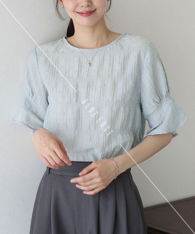 日本 BLUE EAST - 細緻圓點緹花透膚短袖上衣-白