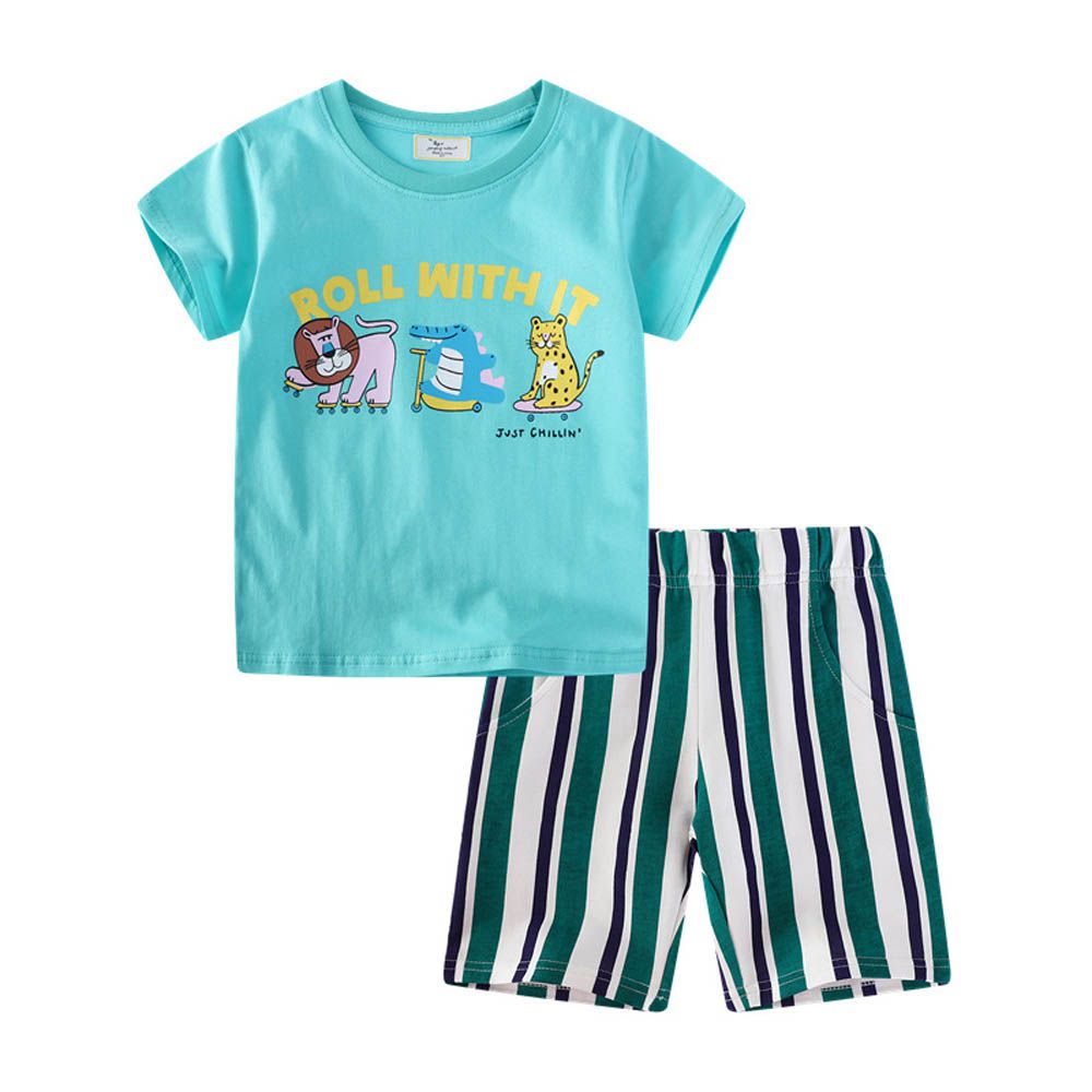 棉質圓領短袖上衣+短褲套裝-滑行動物-藍綠x直條
