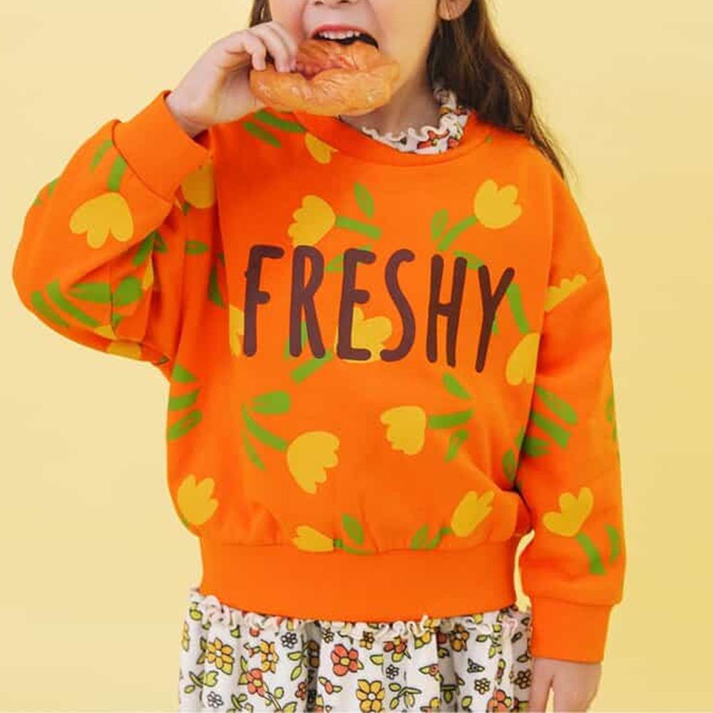 繽紛配色縮口大學長袖上衣-鬱金香-橘