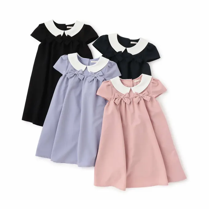 日本 Lycee mine - 優雅正式感圓領胸前緞帶短袖洋裝-黑