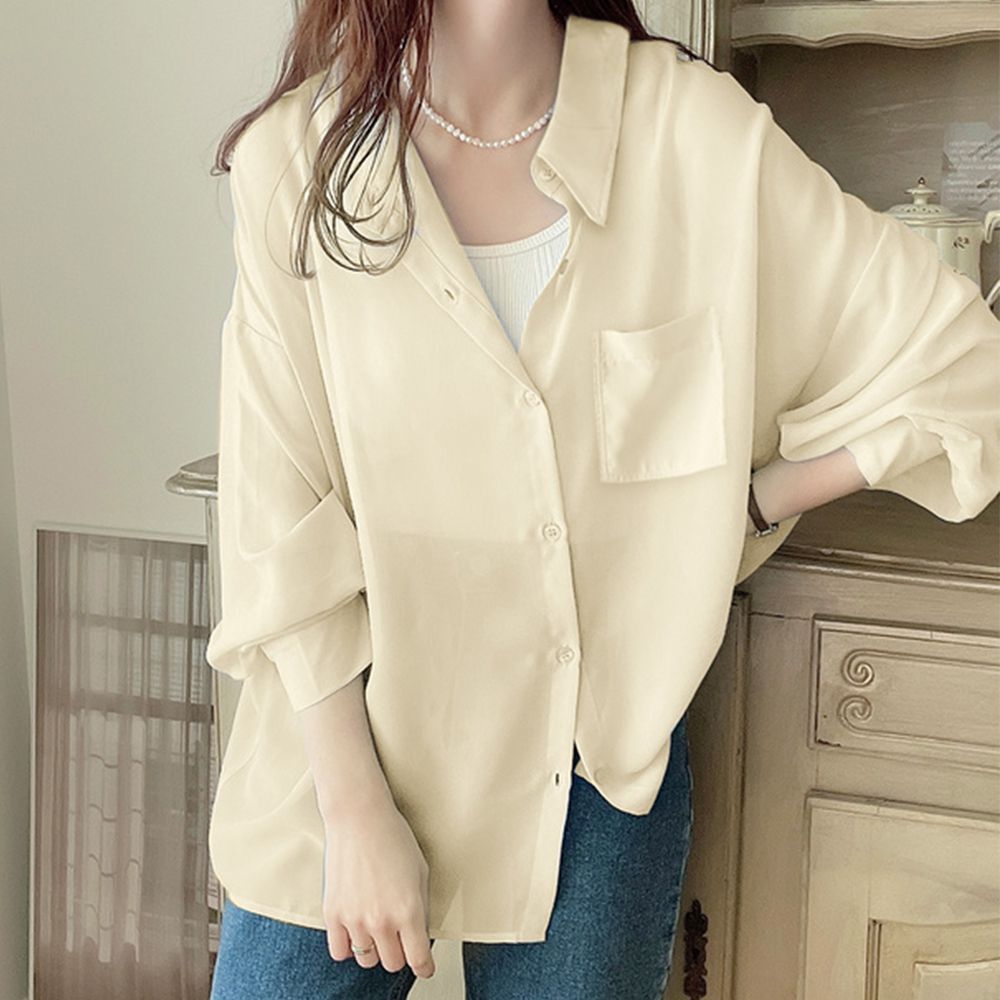 俐落衣領百搭舒適薄襯衫-淺黃 (F)