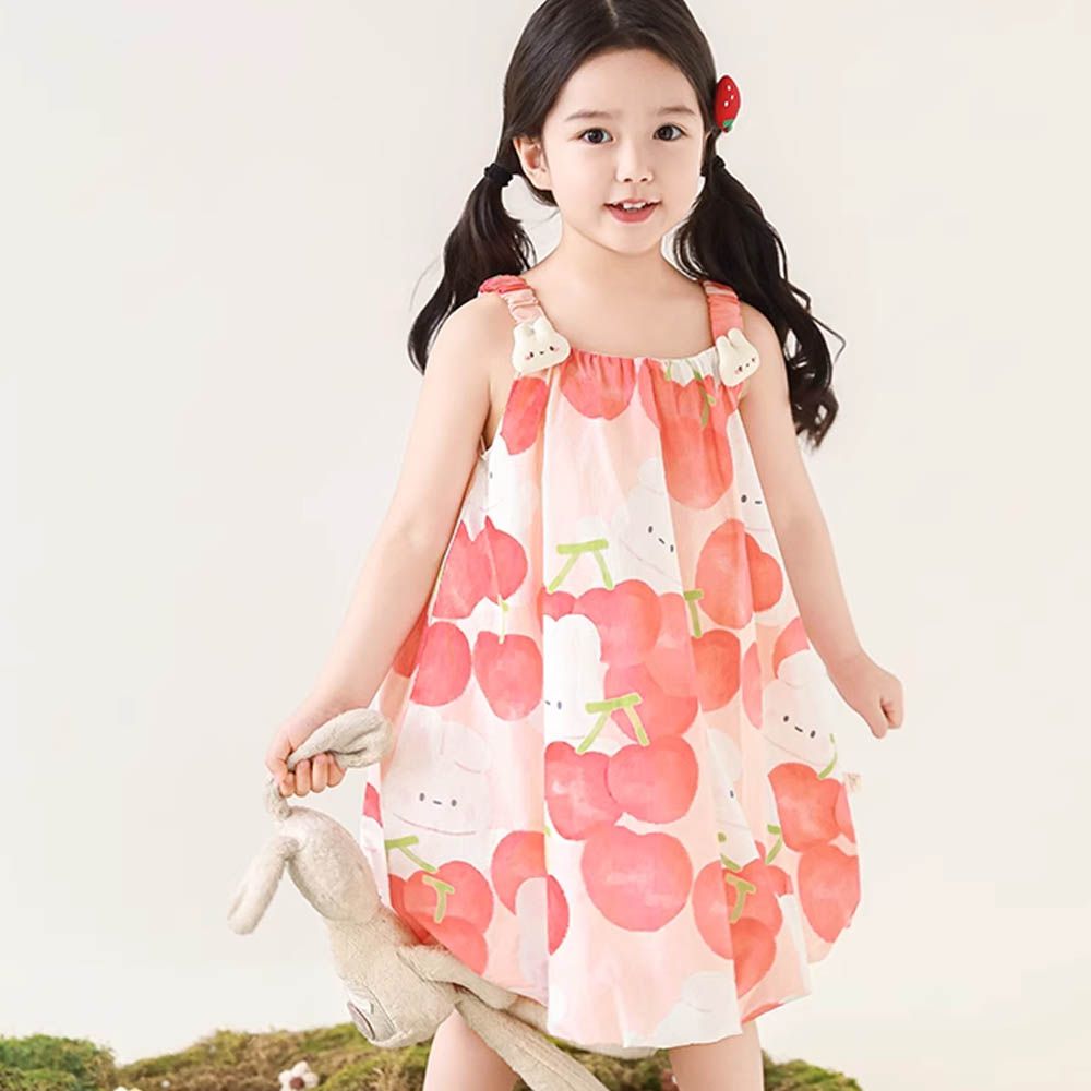 純棉立體手縫小兔無袖洋裝-櫻桃-粉色