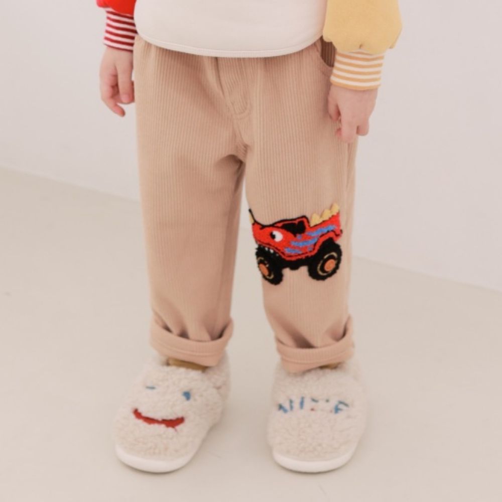 Coco rabbit (內刷毛)鬆緊腰休閒長褲-毛絨恐龍車車-卡其