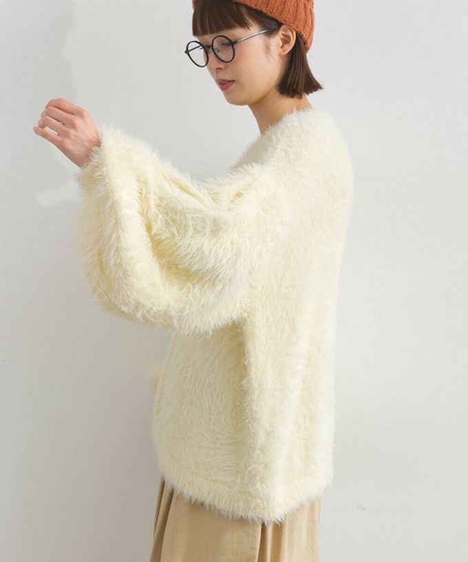 日本 Lupilien - 柔和蓬鬆毛海繭型針織開襟衫/外套-米白