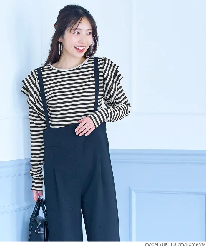 日本 COCA - 棉混透氣荷葉邊薄長袖上衣-黑