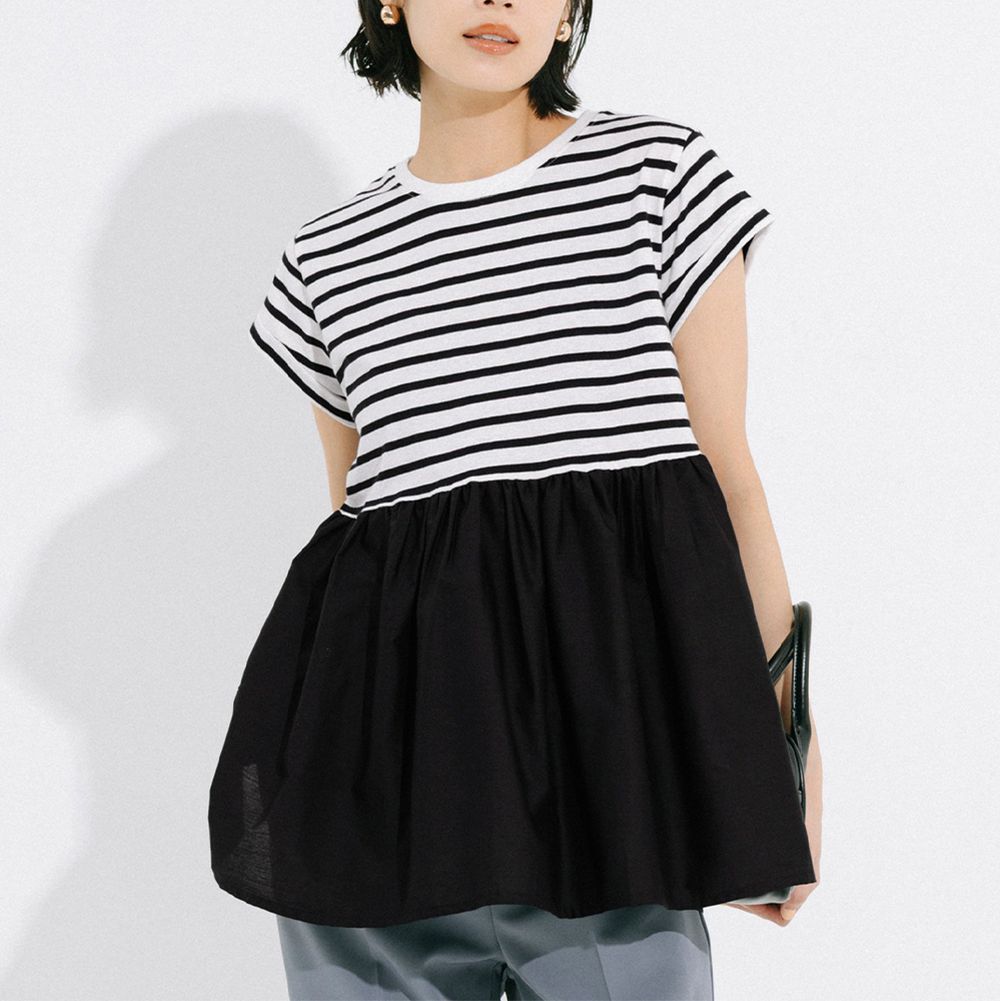 簡潔圓領藏肉傘擺短袖上衣-黑白條紋