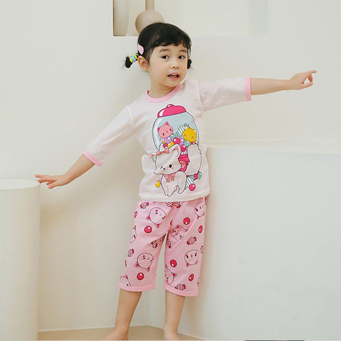 正韓 Puco - 超優質嬰幼兒/兒童七分袖100% 有機純棉家居服/睡衣-泡泡糖貓