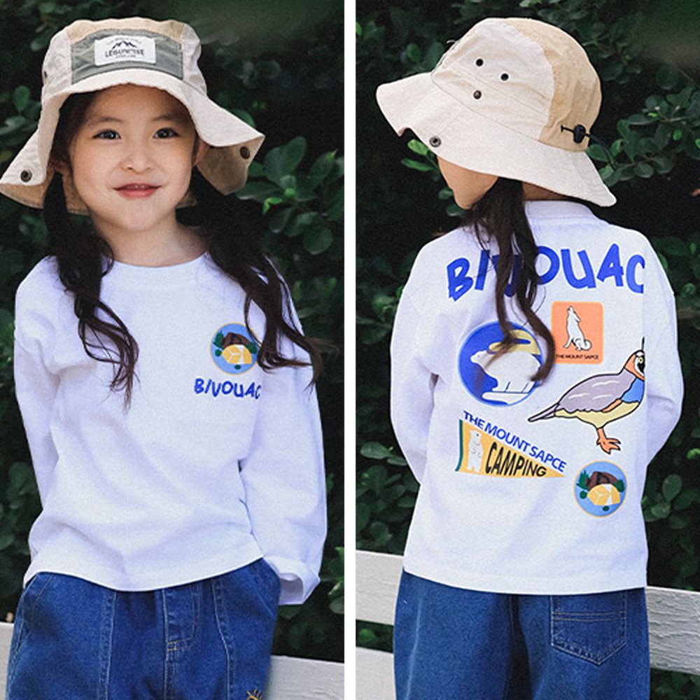 透氣快乾後印花長袖上衣-森林好友-白色