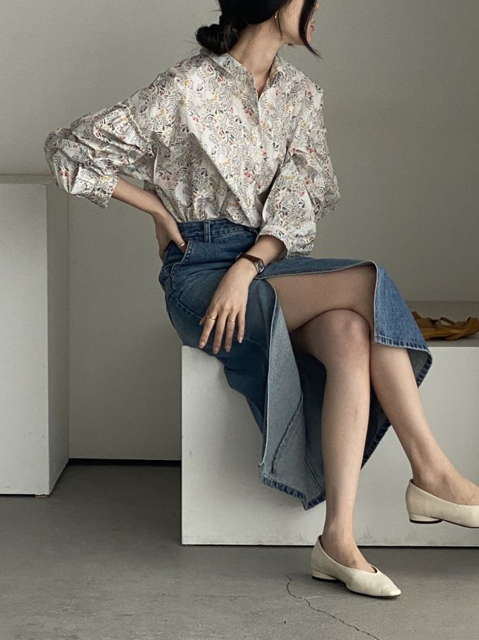 韓國女裝連線 - 花草圖樣翻領拼接長袖襯衫-象牙白 (FREE)