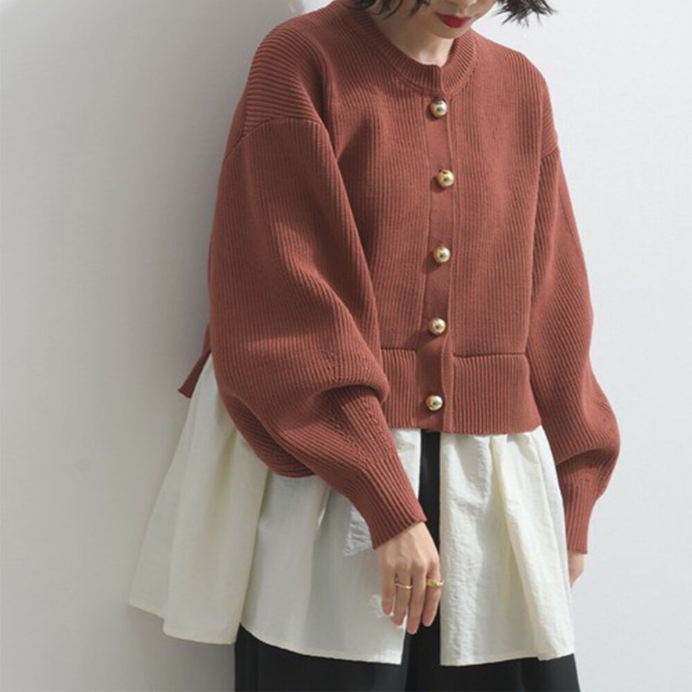 羅紋針織美型金扣層次長袖上衣-磚橘