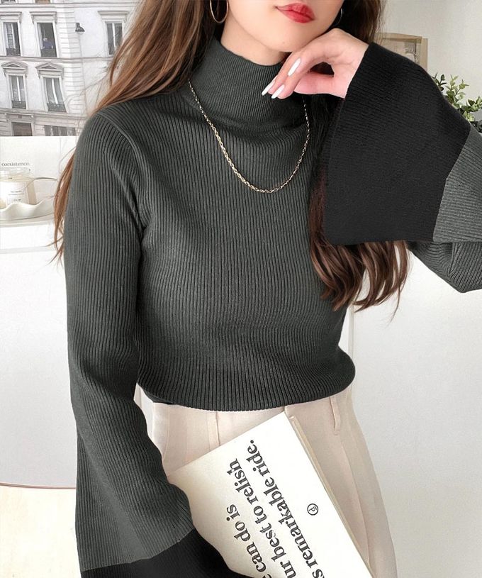 日本 Classical Elf - 羅紋修身高領喇叭袖上衣-黑條紋-白底