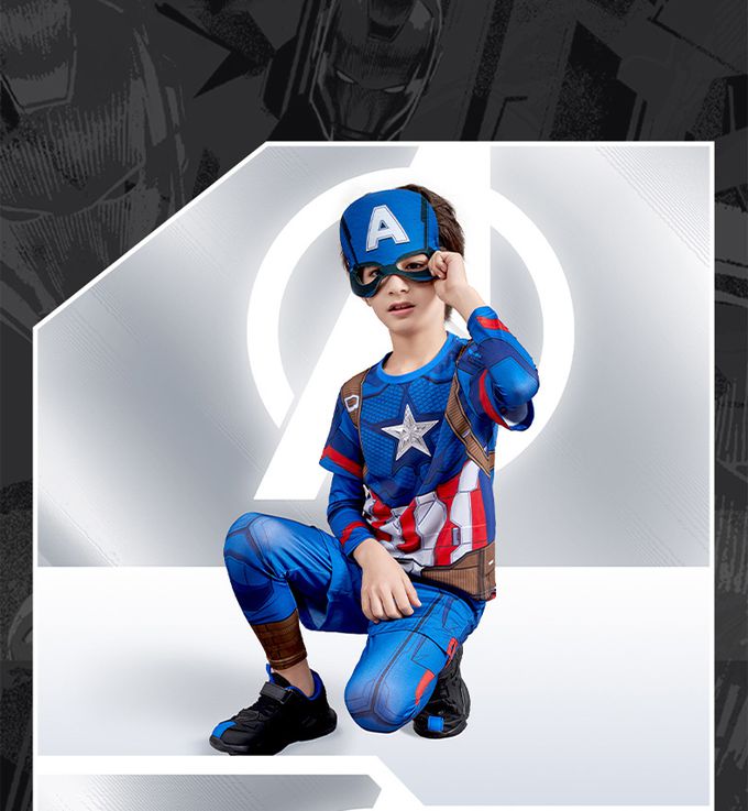 卡通造型假兩件運動套裝(送面具)-卡通人物美國隊長-藍色