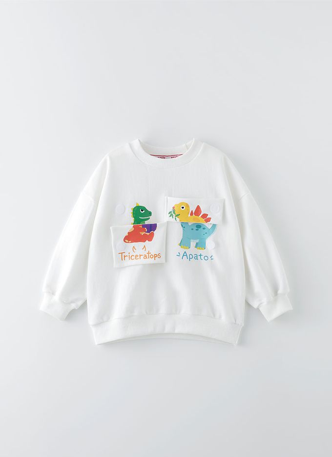 韓國 OZKIZ - 立體小恐龍長袖縮口上衣-白