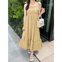 日本 GRL - 肩蝴蝶結甜美皺褶細肩帶洋裝-明亮黃 (F)