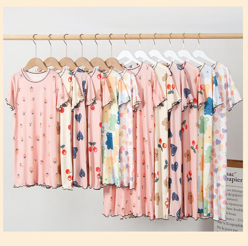 冰絲涼感木耳邊連身睡裙/家居服-軟糖熊熊-白色