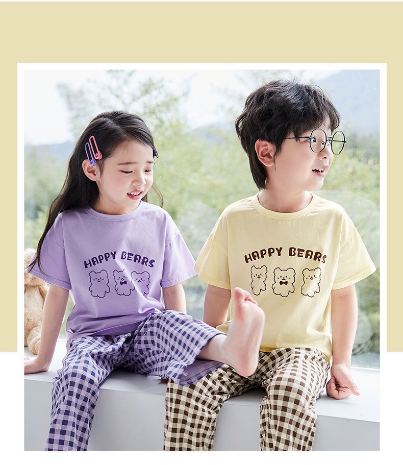 萊卡薄款短袖寬褲家居服套裝/空調服-熊熊+格子褲-奶油白