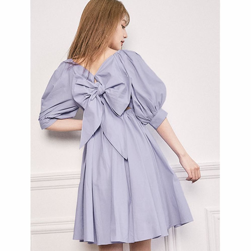 日本 GRL - 2way甜美大蝴蝶結美腰五分袖洋裝-寶貝藍